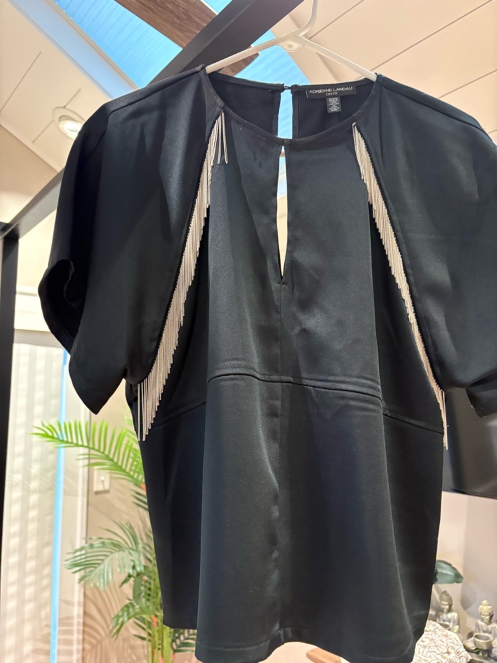 Adrienne Landau Black Short-Sleeve Top with Silver Fringe